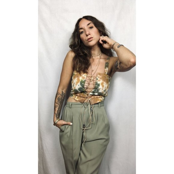 Handmade Reversible Earth Tone Tie Dye Lace Up Suede  Corset Crop Top - Picture 6 of 10